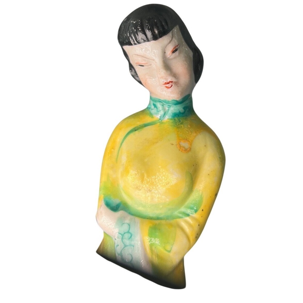 Vintage Made in Occupied Japan Porcelain Asian Figurine Pair Yellow Green 7.5" - Picture 4 of 8